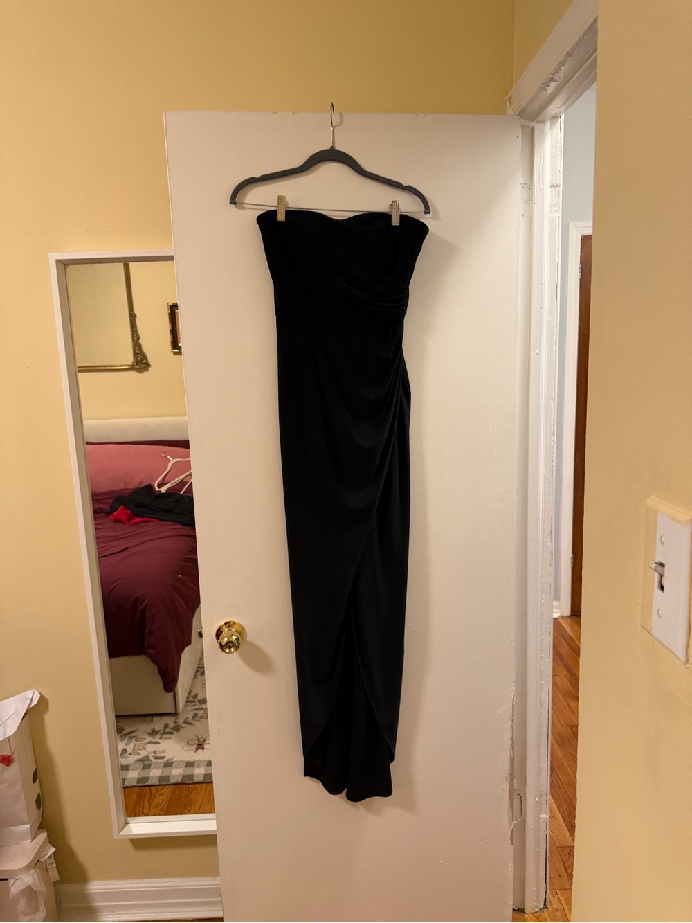 La Femme Strapless Black Ruched Evening Gown